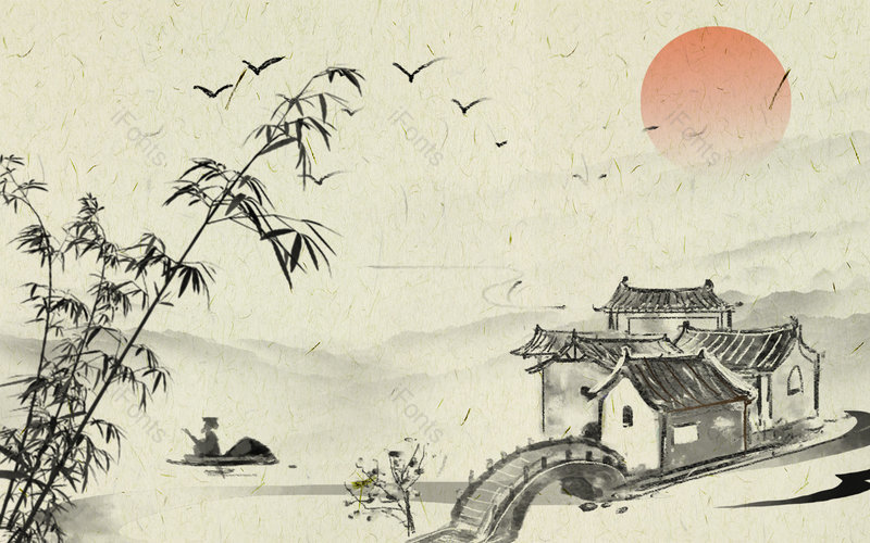 中国古风意境山水人家春分海报背景,插画/手绘图,插画/手绘图库,插画/手绘图下载,插画/手绘